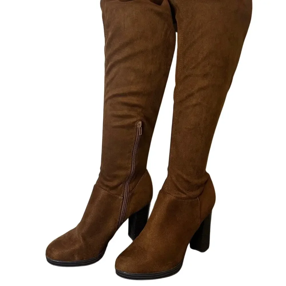 Wild Diva Over The Knee Boots Brown Block Heel Size 9 Women Suede Lace Back